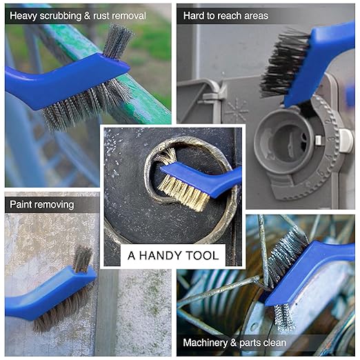 Wire Brush Set 3Pcs - Nylon/Brass/Stainless Steel Bristles with Curved Handle Grip for Rust, Dirt & Paint Scrubbing with Deep Cleaning – 7 Inches (Blue)