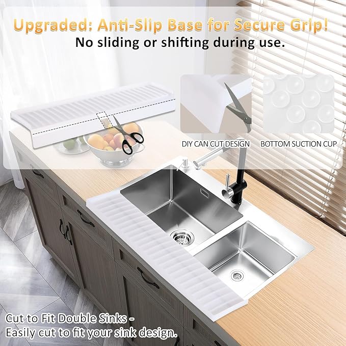 Sink Edge Protector with Suction Cup 14“ 20” 30", Silicone Sink Splash Guard for Kitchen & Bathroom, Protect Countertop from Scratches, Stains, for Stainless Steel Granite Quartz-Clear