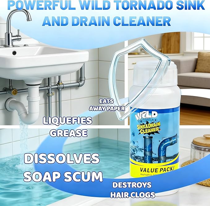 2pc Wild Tornado Sink and Drain Cleaner Powder - Powerful Pipe Dredge for Kitchen & Toilet, Drain Clog Remover, Pipeline Dredging Agent