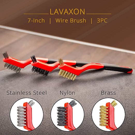 Wire Brush Set 3Pcs - Nylon/Brass/Stainless Steel Bristles with Curved Handle Grip for Rust, Dirt & Paint Scrubbing with Deep Cleaning – 7 Inches (Red)