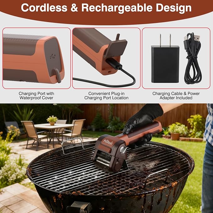 Electric Grill Brush, Cordless Rechargeable Grill Cleaner with LED Light - 950 RPM Spinning 304 Stainless Steel Head, Cool Fathers Day BBQ Accessories Gifts for Husband Dad Boyfriend Son or Brother