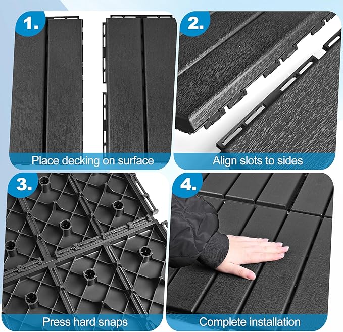 ToLanbbt Plastic Interlocking Deck Tiles 9 Pack 12"x12" Waterproof Indoor Outdoor Composite Patio Flooring Decking Tiles All Weather Use for Patio Porch Balcony Backyard Poolside, Dark Grey