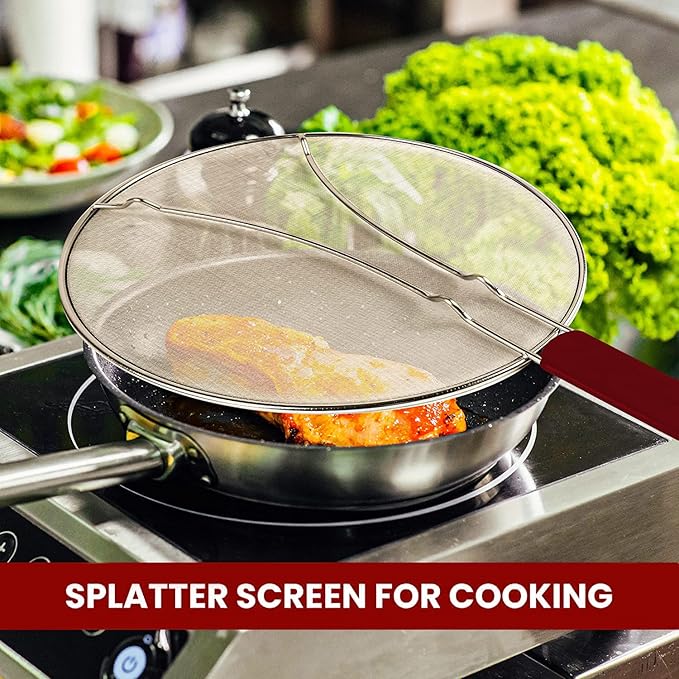 13" Grease Splatter Screen for Cooking | Stainless Steel Oil Splatter Guard and Ultra-Fine Mesh Protects Skin from Burns | TPR Tight-Grip Handle (Red)