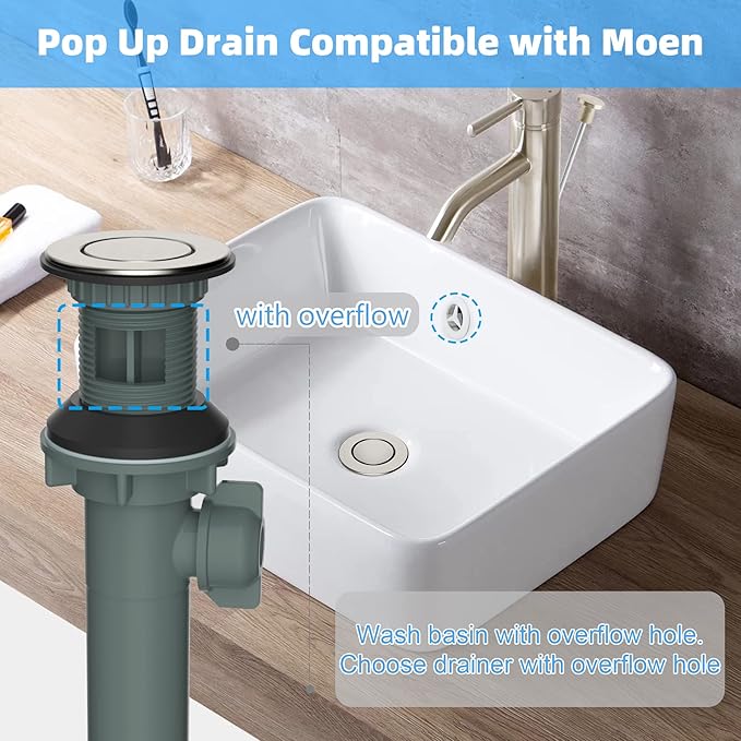 Bathroom Sink Drain with Overflow, 2 Pack Push and Seal Pop Up Drain Stopper with Lift Rod for Bathroom Lavatory Vanity Vessel, Compatible with Moen, American Standard Hole, Brushed Nickel