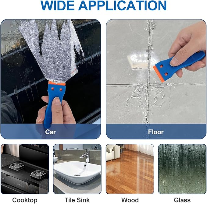 Plastic Razor Blade Scraper with Carry Case, 2 Pack Razor Scraper Set with 100 Pcs Razor Blades, Non Scratches Sticker Remover Tool for Cleaning Gaskets and Paints on Window Car Glass