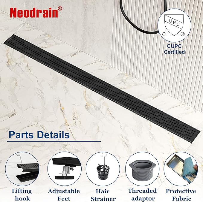 Neodrain 32-Inch Black Linear Shower Drain with Removable Quadrato Pattern Grate,Professional 304 Stainless Steel Rectangle Shower Floor Drain Manufacturer,Leveling Feet,Hair Strainer,Matte Black