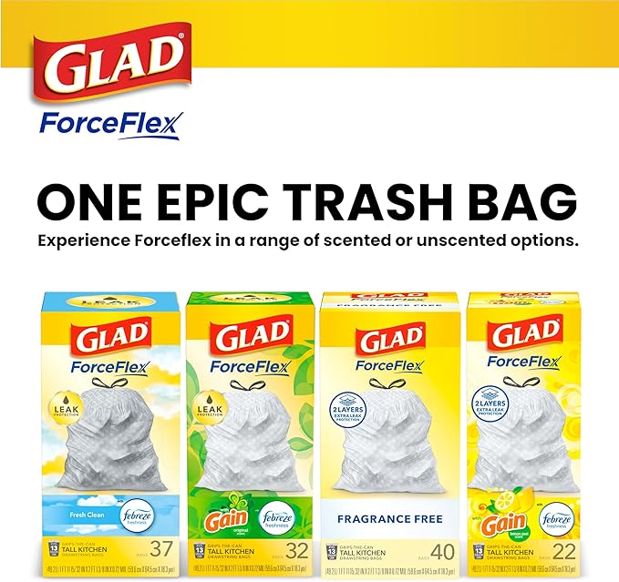 Glad ForceFlex Tall Kitchen Drawstring Trash Bags, 13 Gal, Fragrance Free (Package May Vary) (Pack of 240)