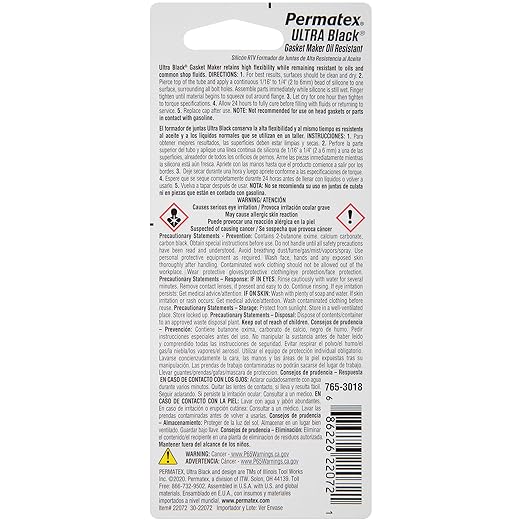Permatex 22072 Ultra Black Maximum Oil Resistance RTV Silicone Gasket Maker, .5 oz. Tube