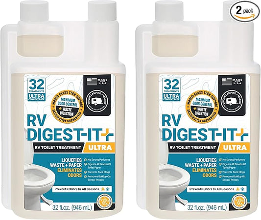 Unique RV Digest-It Ultra Super Concentrated RV Toilet Treatment, 64 Uses - Eliminates Smells and Liquifies Waste, Preventative Bio-Enzymatic Holding Tank Treatment (32 oz, Pack of 2)