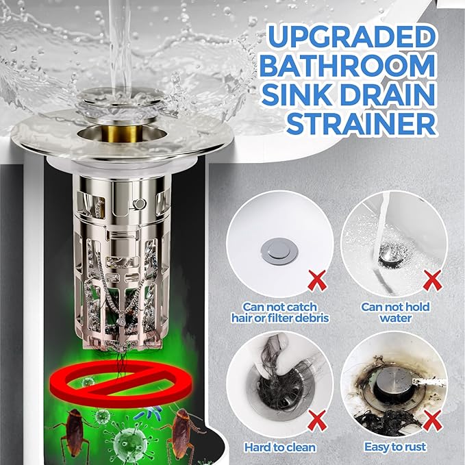 zaa Bathroom Sink Drain Strainer - Bathroom Sink Stopper, 2Pack Pop Up Sink Stopper with Removable Filter Strainer Basket for US Standard Bathroom Sink, Drain Plug Filter Replacement, Nickel