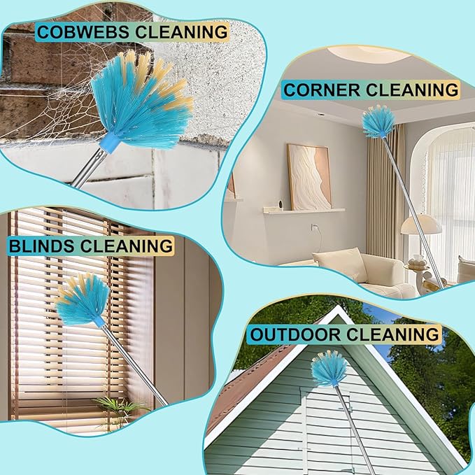 Cobweb Duster with Extension Pole，Medium Stiff Bristles Cobweb Duster Head ，Adjustable from 28 to 56 inches Long Duster for High Ceilings, Suitable for Ceilings, Walls, Indoor Outdoor Environments