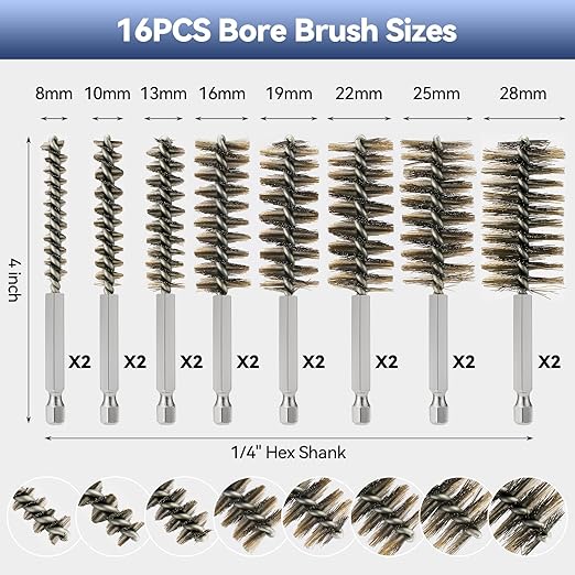 16 Pcs Stainless Steel Bore Brush, Wire Brush for Drill Set with 1/4 Inch Hex Shank, Abrasive Wire Bore Brush for Power Drill, Rust Polish and Tube Cleaning (8,10,13,16,19,22,25,28mm)