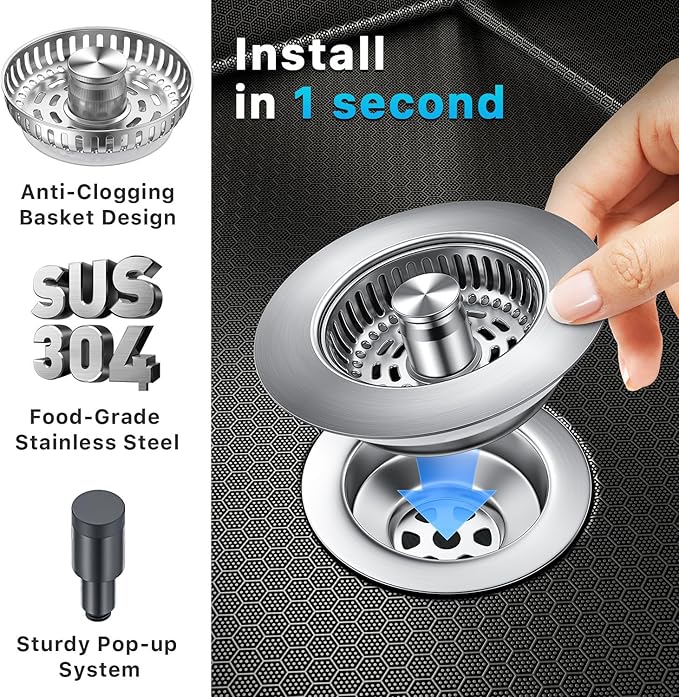 1S-Install Upgraded Kitchen Sink Strainer & Stopper – Pop-Up Fast Drain, Anti-Clog Basket & Deodorizing Cover – Fits US Standard 3.5 in Drain, 3 in 1 Stainless Steel Sink Drain Strainer (Snow)