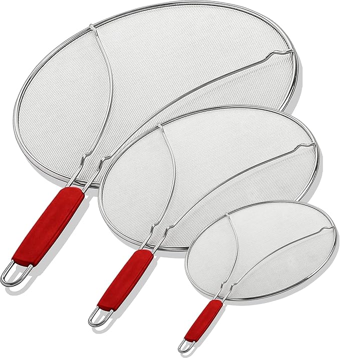 Alpha Living 60134ST Set of 3 Splatter Screens – 13", 11.5", and 9.5" Stainless Steel Fine Mesh, Comfort Grip Handles – Grease & Oil Guard for Frying Pans, Boiling Pots, Safe Cooking Lid Set of 3