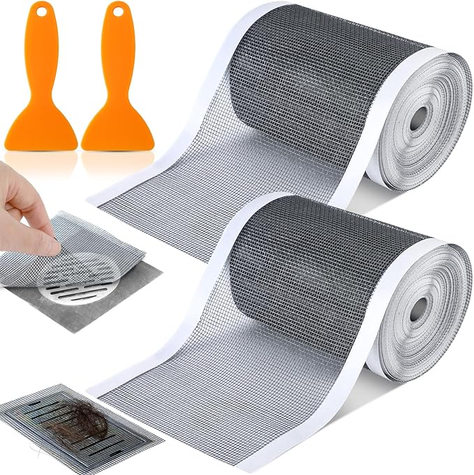 2 Pack 4 Inch x 33 ft Linear Shower Drain Hair Catcher Screen Disposable Adhesive Cutable Mesh Shower Drain Cover Stickers for Linear DIY Floor with Removal Tool for Bathroom Kitchen Bathtub