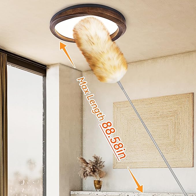 Lambswool Duster with Extension Pole up to 88.58 in, Natural Feather Dusters Long Handle Stainless Steel, Fluffy Feather Duster for Cleaning High Floor Ceiling Fans, Window Blinds Shelves, Furniture