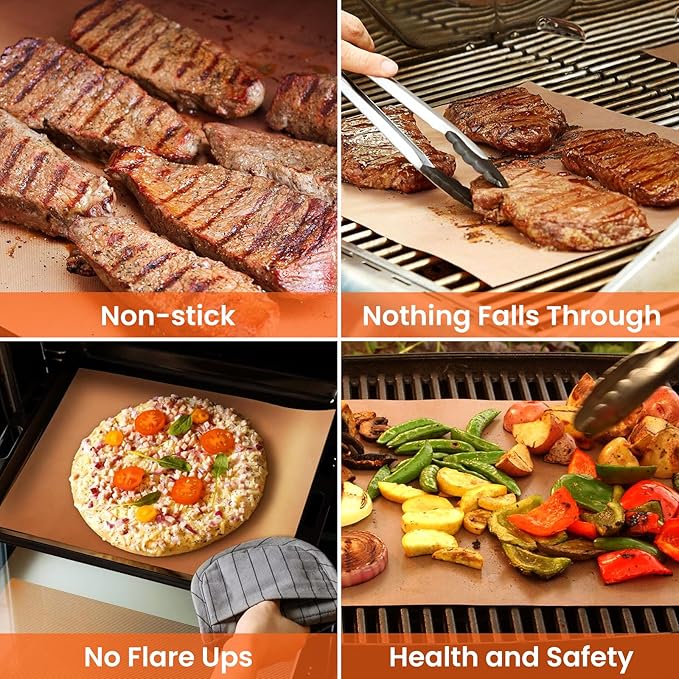 Dailyart Copper Grill Mats for Outdoor Grill, Set of 5 BBQ Grilling Mats for Outdoor Reusable & Easy to Clean & Non-Stick Copper Grill Sheets - Barbecue Grill Accessories for Gas, Charcoal, Electric