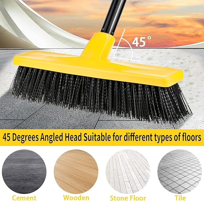 Push Broom Outdoor Indoor Broom 12" Wide,50" Long Handle with Stiff Bristles for Cleaning Scrubbing Deck Driveway Yard Patio Wood Stone Tile Floor