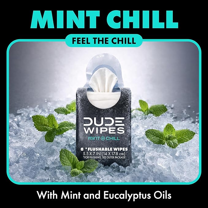 DUDE Wipes Mint Chill Pocket Packs - Travel Wipes - 12 Packs of 8 (96 Count) - On-The-Go Adult Flushable Wipes - Infused with Tea Tree Oil, Vitamin E, and Aloe - Septic and Sewer Safe
