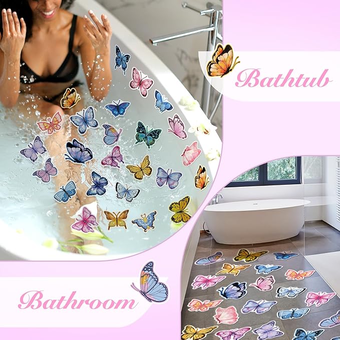 Yaomiao 24 Pcs Butterfly Non Slip Bathtub Stickers Shower Stickers Anti Slip Decal Threads Adhesive Appliques with Scraper Adhesive Decals for Safety Bathroom Tubs, Shower Floor, Stairs