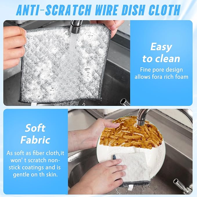 20PCS Four-Layer Non-Scratch Multipurpose Steel Wire Dishcloths - Reusable Quick-Dry Odor-Free Scrub Cloths for Dishes, Kitchen Cleaning Cloths for Cookware, Sinks, Stove Tops(7.87X7.87)