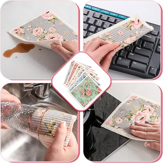 Chengu 6 Pcs Swedish Kitchen Dish Cloths, Absorbent Quick Drying Reusable Cleaning Cloths, Small Flower Pattern Dish Towels for Kitchen Counter, Sink, and Washing Dishes