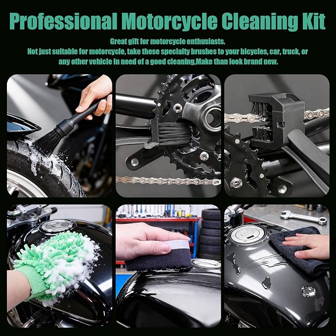 13PCS Motorcycle Cleaning Kit, Motorcycle Detailing Kit Overall Cleaner Tools Car Washing Brush Rims Cleaning Kit Chain Tire Wheel Brush Set Chain Tire for Car Bike Motorbike