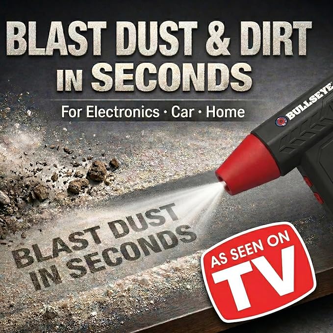 BULLSEYE Blaster 130000 RPM Electric Air Duster, Rechargeable Cordless Compressed Air Blower for Computer Cleaning, Keyboard, Electronics, Car Detailing, 3 Speed Turbo, 2 Nozzles – As Seen on TV