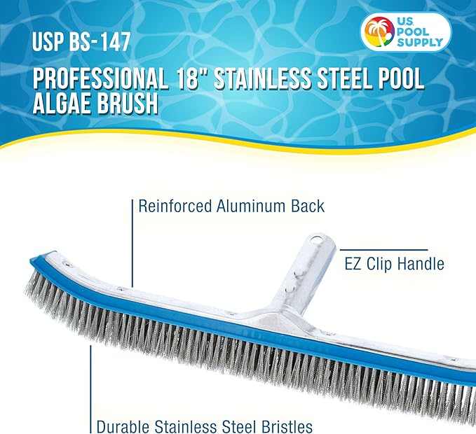 U.S. Pool Supply Pool Brush Head for Inground Pools - 18" Stainless Steel Pool Brush, Metal Wire Bristles, Scrubbing Scrubber Brushes - Remove Calcium Build-Up on Tiles, Rust Stains on Concrete Walls