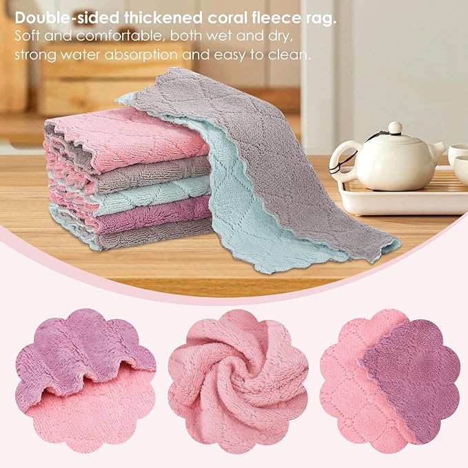 22 Pack Kitchen Dish Cloths, Reusable Dish Towels, Nonstick Oil Washable Fast Drying, Super Absorbent Coral Velvet Cleaning Cloths for Cleaning Tableware, Kitchen, Bathroom (Pink-green-10" x 6")