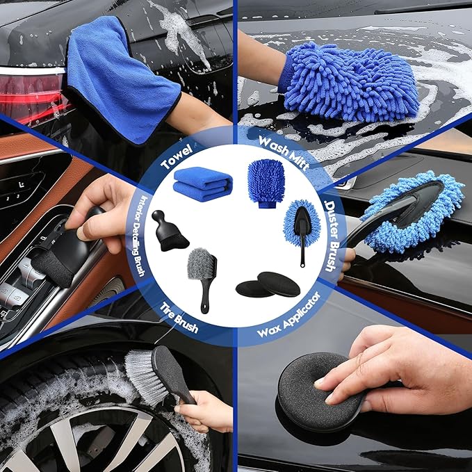 Qydipclin 35Pcs Car Detailing Kit, Car Detailing Brush Set, Car Wash Cleaning Kit, Car Detailing Brushes, Professional Car Care Kit for Interior Exterior Wheels, Blue