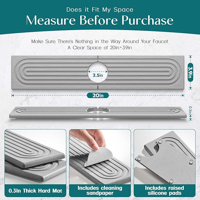 Faucet Mat for Kitchen Sink - Diatomaceous Earth Faucet Splash Guard, Fast Drying Sink Protector - Water Absorbing Stone for Bathroom Sink (Grey, 19.5'' x 3.9'')
