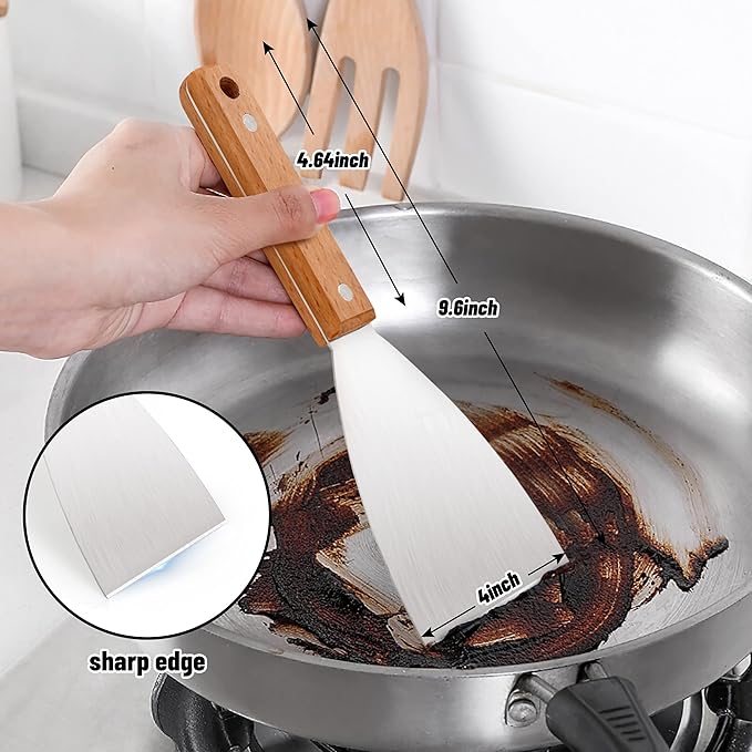 Grill Griddle Scraper Set of 3, Leonyo Stainless Steel Metal Flat Top Grill Scraper Tool for Teppanyaki BBQ Dough Pancake Pizza Home Baking Cooking, Wooden Grip