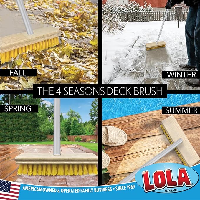 LOLA Deck Scrub Brush with Stiff Bristles, Heavy Duty Outdoor Scrub Broom for Patios, Decks, Concrete & Tile, Removes Dirt, Grime, Leaves & Snow, Wet or Dry Use, 1 Count
