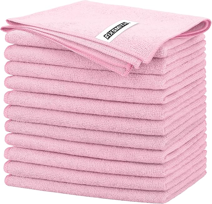 FIXSMITH Pink Microfiber Cleaning Cloth -Pack of 12, Highly Absorbent Cleaning Rags, 16"X12" All Purpose Cleaning Towels for Housekeeping, Kitchen, Car, Lint Free and Reusable Microfiber Towels