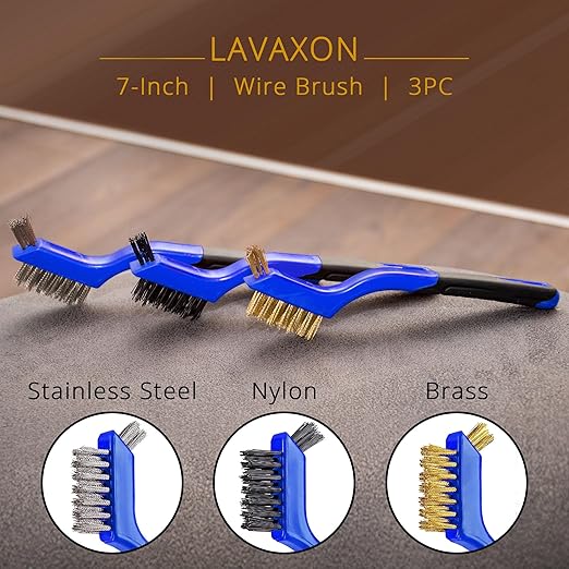 Wire Brush Set 3Pcs - Nylon/Brass/Stainless Steel Bristles with Curved Handle Grip for Rust, Dirt & Paint Scrubbing with Deep Cleaning – 7 Inches (Blue)