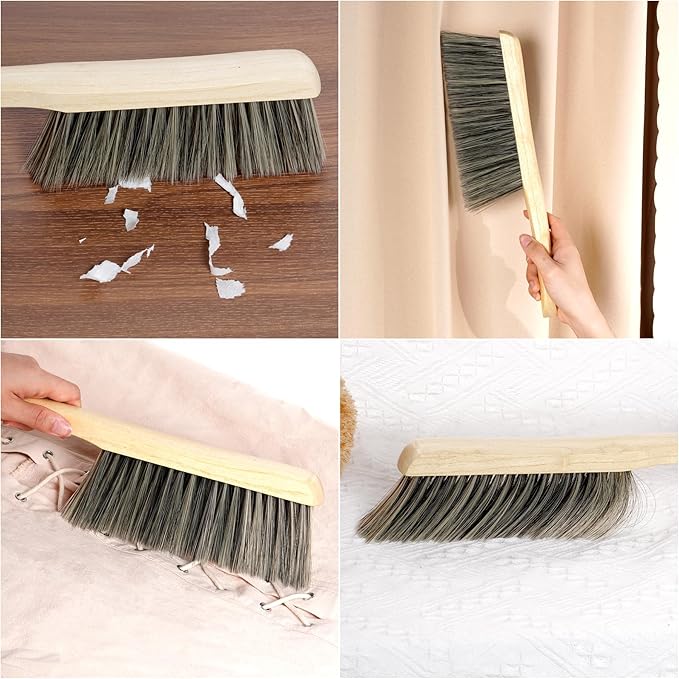 Rbenxia 2 Pieces Wooden Handle Bench Brushes Horse Hair Brushes Soft Bristles Dust Brush Household Cleaning Brushes for Fireplace, Sofa, Furniture, Workshop Woodworking (Gray+Beige)