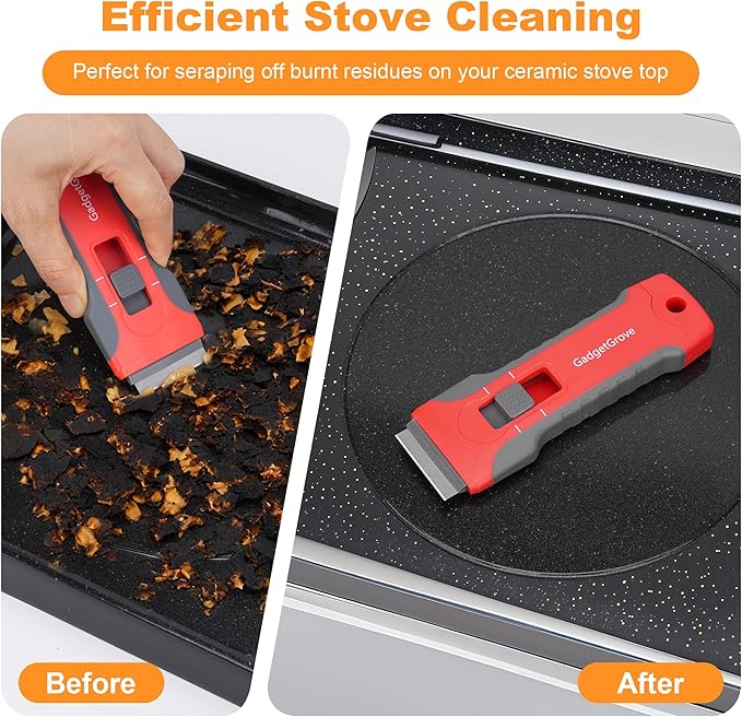 Razor Blade Scraper with 10pcs Blades and 3Pcs wire brushes,Scraper Tool for Cleaning Glass Window, Cooktop, Oven, Stove Scraper, Scraper with Buit-In Blade Storage, Upgraded Lock Mechanism,Gray