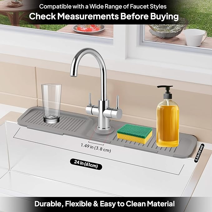 24 Inch Silicone Faucet Mat for Kitchen Sink Splash Guard & Draining Tray Sink Protector with Soap & Sponge Holder Grey (Purest Peak)