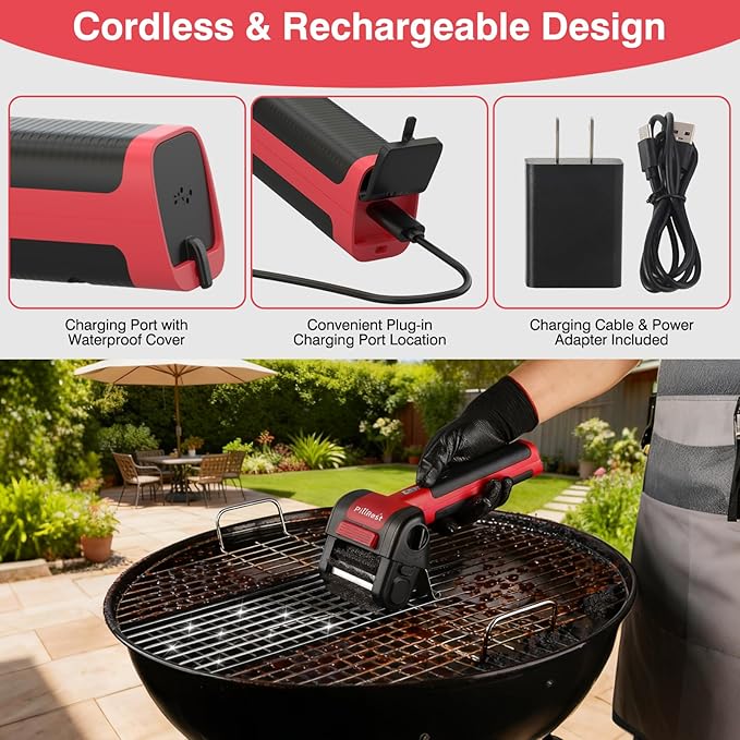 Electric Grill Brush, Cordless Rechargeable Grill Cleaner with LED Light - 950 RPM Spinning 304 Stainless Steel Head, Cool Fathers Day BBQ Accessories Gifts for Husband Dad Boyfriend Son or Brother