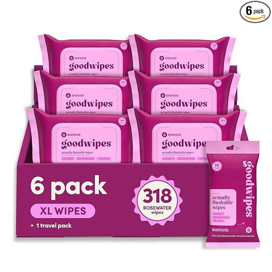 goodwipes Flushable Wipes for Adults - Rosewater Butt Wipes for Women & Men, Septic Safe, Toilet & Bathroom Essentials, Extra Large, 318 Count (6 Packs and 1 Travel Pack)