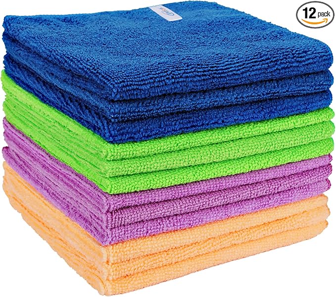 Microfiber Cleaning Cloth - 12 Pcs Premium Microfiber Towels, Highly Absorbent, Reusable Household Cleaning Supplies - for Kitchen Towels, Dust Cloth, Cleaning Rags, 12" x 12"
