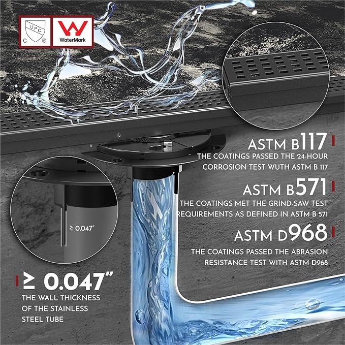 WEBANG 60 Inch Linear Shower Drain Rectangular Floor Drain with Accessories Square Hole Pattern Cover Grate Removable SUS304 Stainless Steel CUPC Certified Matte Black
