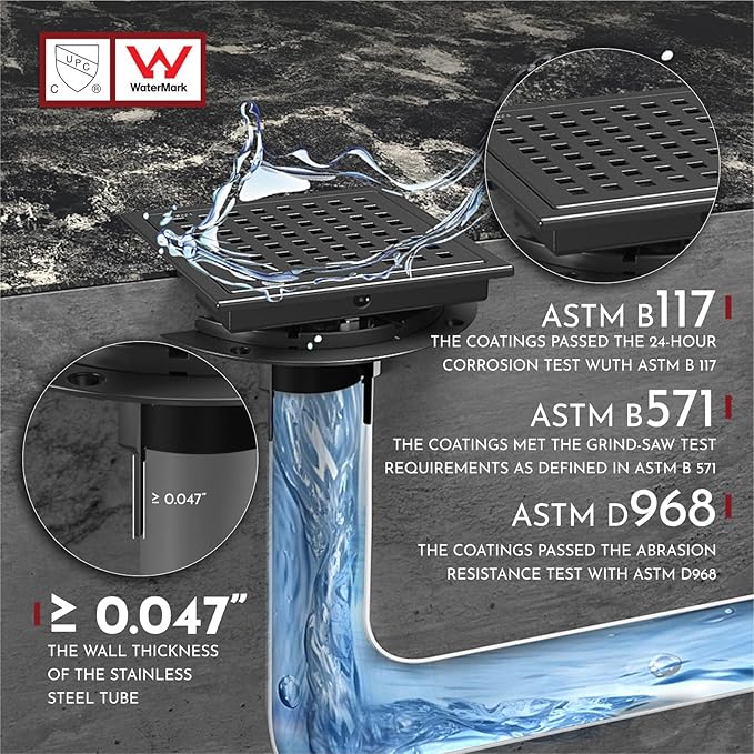 WEBANG 6 Inch Square Shower Floor Drain with Flange,Quadrato Pattern Grate Removable,Food-Grade SUS 304 Stainless Steel,Watermark&CUPC Certified,Matte Black