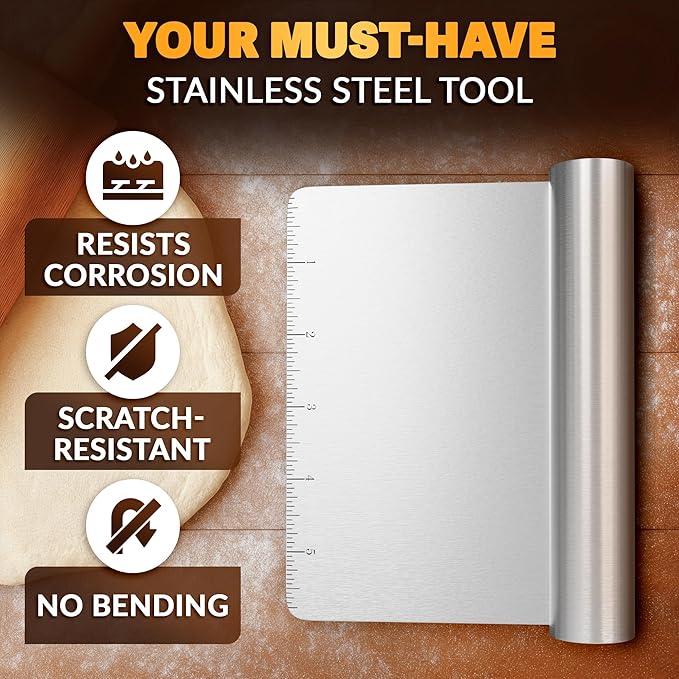 Bench Scraper Kitchen – Multipurpose Pastry Scraper Tool with Measurement Marks for Even Portions, Stainless Steel Build, Ergonomic Grip for Better Control – Pizza, Cookie & Bread Dough Cutter Tool