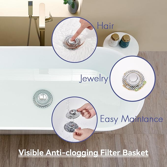 Universal Bathtub Drain Stopper with Removable Hair Catcher, 3-in-1 Pop-up Drain Plug Fits 1.38 to 2.1 Inch Holes, Upgrade Shower Drain Cover with Stainless Steel Filter