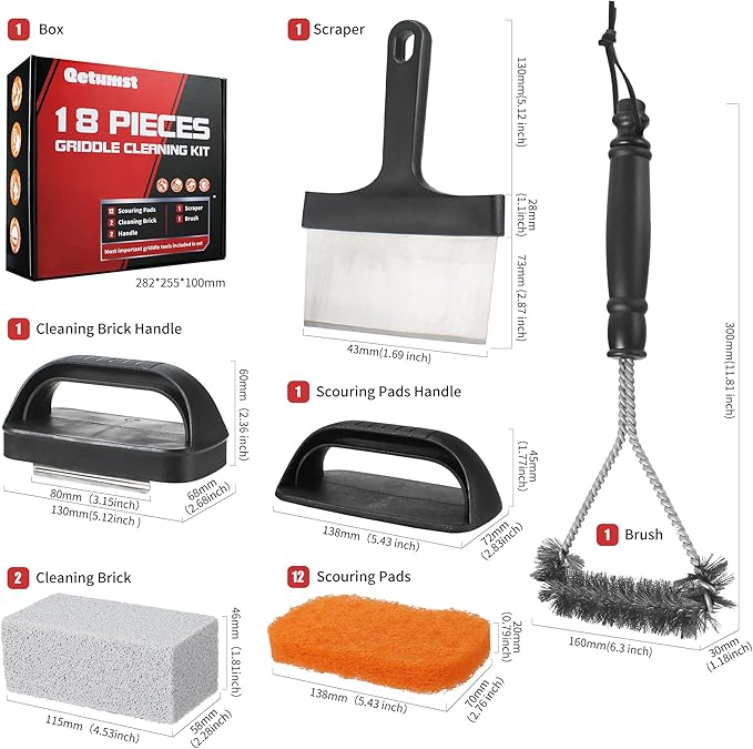 Griddle Cleaning Kit for Blackstone, 18 Pieces Flat Top Grill Cleaning Kit with Durable Scraper, Grill Brush, Cleaning Brick and Scouring Pads, Griddle Accessories Set for Easy Restoration