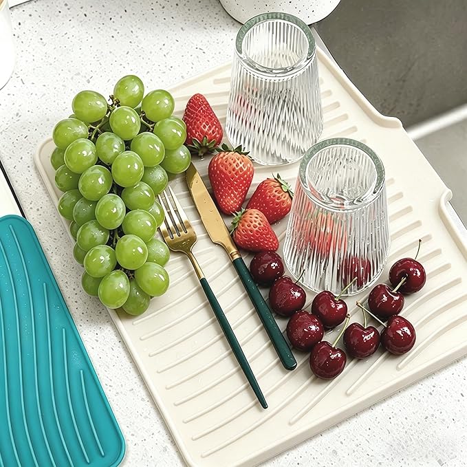 Silicone Dish Drying Mat,Dish Drying Pad,Kitchen Accessories,with Built-In and Non-Slip Drain,Easy Clean, Fit for Kitchen, Bar, RV, Refrigerator and Drawer Liner, 15.7*13 in Off White 1PCS by EBIGIC