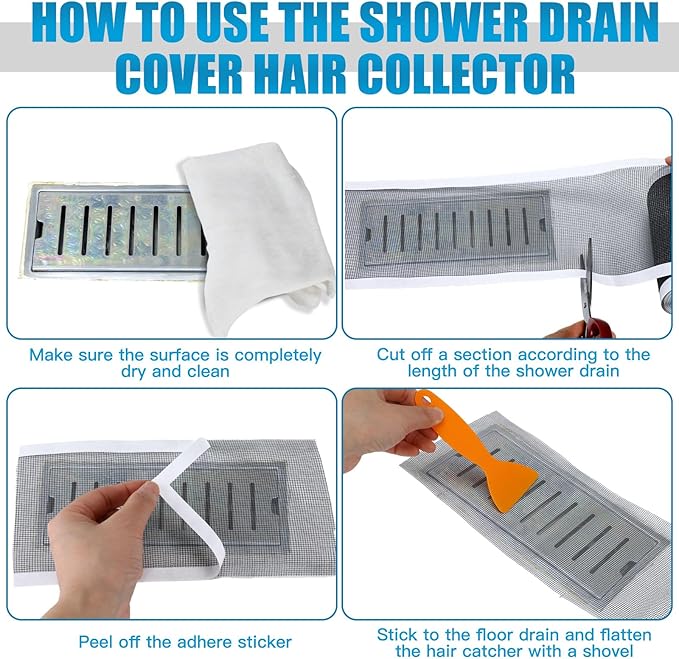 1 Pack 4 Inch x 33 ft Linear Shower Drain Hair Catcher Screen Disposable Adhesive Cutable Mesh Shower Drain Cover Stickers for Linear DIY Floor with Removal Tool for Bathroom Kitchen Bathtub