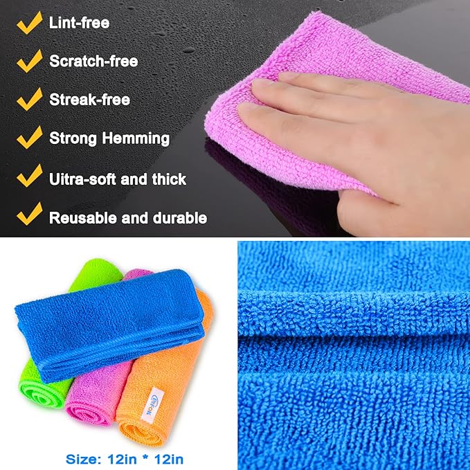 Microfiber Cleaning Cloth - 12 Pcs Premium Microfiber Towels, Highly Absorbent, Reusable Household Cleaning Supplies - for Kitchen Towels, Dust Cloth, Cleaning Rags, 12" x 12"